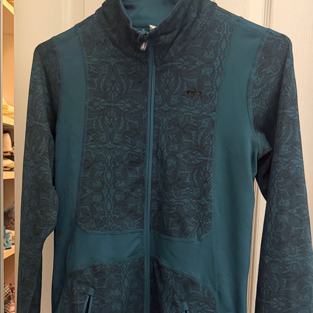 Women's Teal Lacey Print Athletic Stretchy Jacket #@“